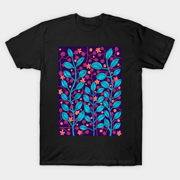 Leaves and berries - marker painting - blue bg T-Shirt by kittyvdheuvel